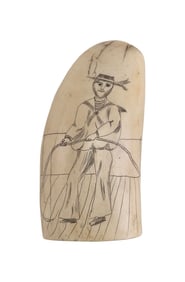 * ENGRAVED WHALE'S TOOTH DEPICTING A SAILOR HOLDING A ROPE First Half of the 20th Century Length