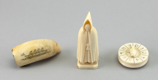 * THREE WHALE IVORY ITEMS Heights to 3.25".