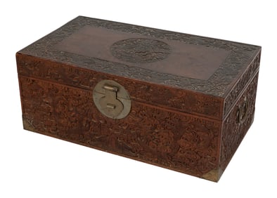 CHINESE CARVED CAMPHORWOOD CHEST Early 20th Century Height 17". Width 42". Depth 24".
