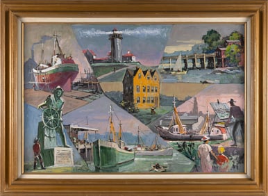 FRANK T.M. BEATTY (Illinois/Canada, 1899-1984), Gloucester, Massachusetts montage., Oil on masonite,