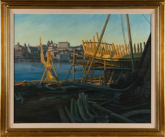 PETER WARREN ROGERS (Massachusetts, 1944-), "Boatbuilding on the Douro"., Oil on canvas, 24" x 36".