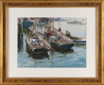 JAMES MILTON SESSIONS (Illinois, 1882-1962), Boats at dock., Watercolor on paper, 13.5" x 18.5".