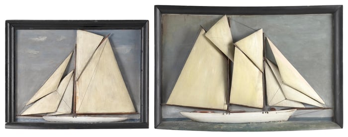 TWO FOLK ART HALF HULL MODELS Late 19th/Early 20th Century 14" x 18.75" and 15.5" x 24".