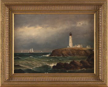 CLEMENT DREW (Massachusetts, 1806-1889), Lighthouse on a bluff., Oil on academy board, 9" x 12".
