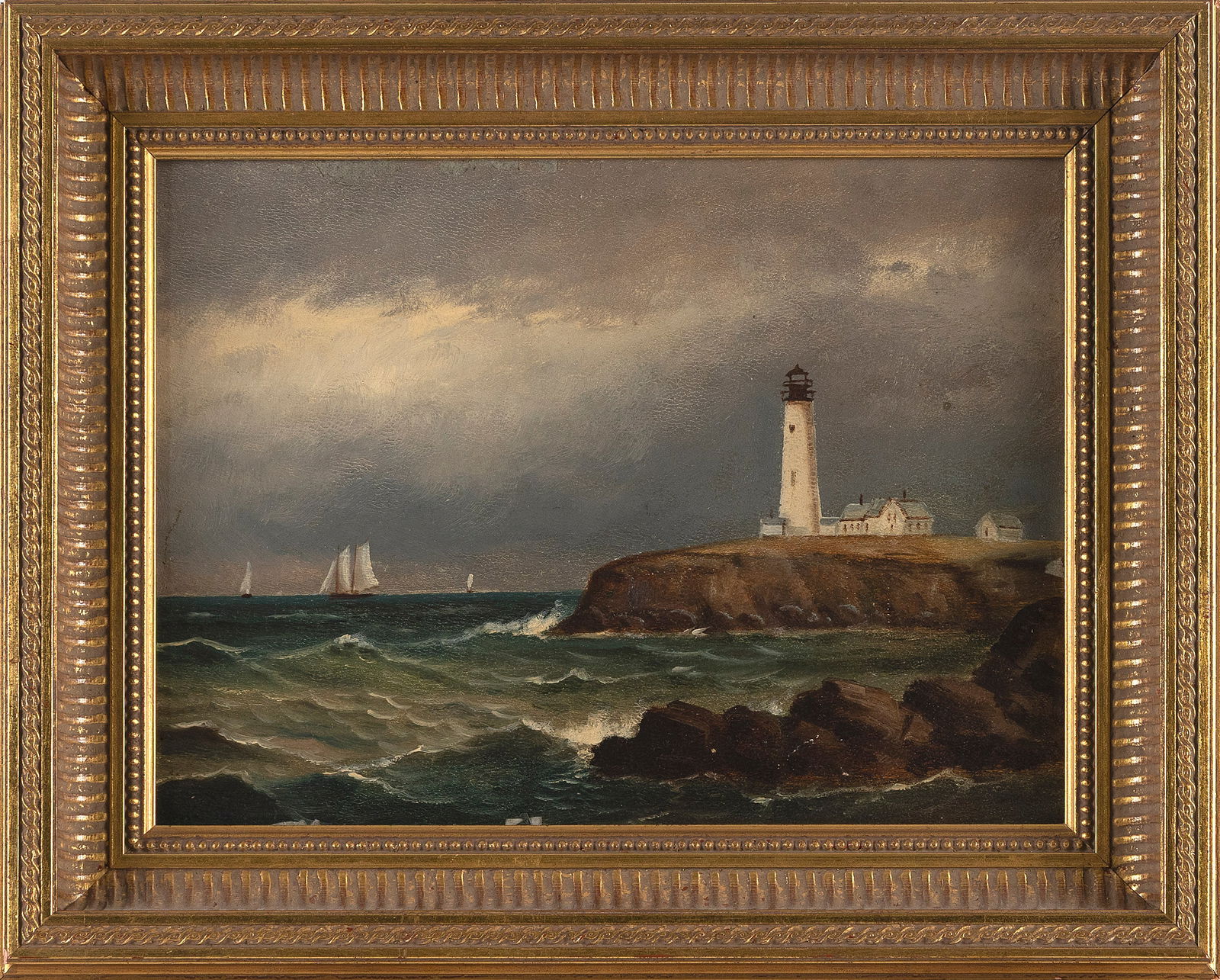 CLEMENT DREW (Massachusetts, 1806-1889), Lighthouse on a bluff., Oil on academy board, 9" x 12".: CLEMENT DREWMassachusetts, 1806-1889Lighthouse on a bluff. Inscribed in ink in a later hand verso "C. Drew 1888". Titled in pencil on verso "Portland '88". Oil on academy board, 9" x 12". Framed 12.5"