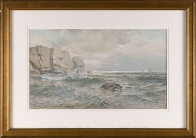 LOUIS FREDERICK HURD (New York, 1853-1904), Rocky coastal seascape., Watercolor on paper, 12" x 20"