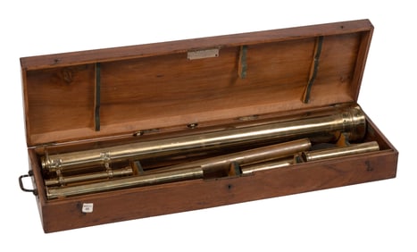 LARGE BRASS TELESCOPE IN FITTED CASE Likely France, 19th Century Case height 5". Width 39.5". Depth