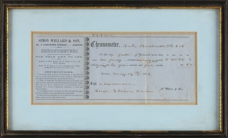 SIMON WILLARD & SON CHRONOMETER ADJUSTMENT CERTIFICATE Dated Boston, May 19, 1862 Framed 8.5" x 14".