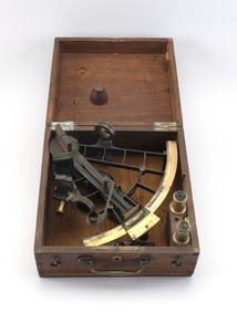 CASED BRASS SEXTANT London, 19th Century Case height 5". Width 10". Depth 10".