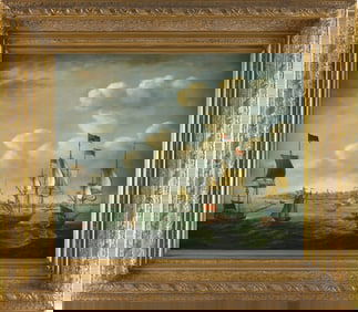 BRITISH SCHOOL (20th Century,), British ships off a coast., Oil on copper, 20" x 24". Framed 29.5" x