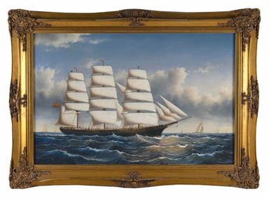 ENGLISH SCHOOL (Late 20th Century,), Ship at sea., Oil on canvas, 24" x 36". Framed 31.5" x 44.5".