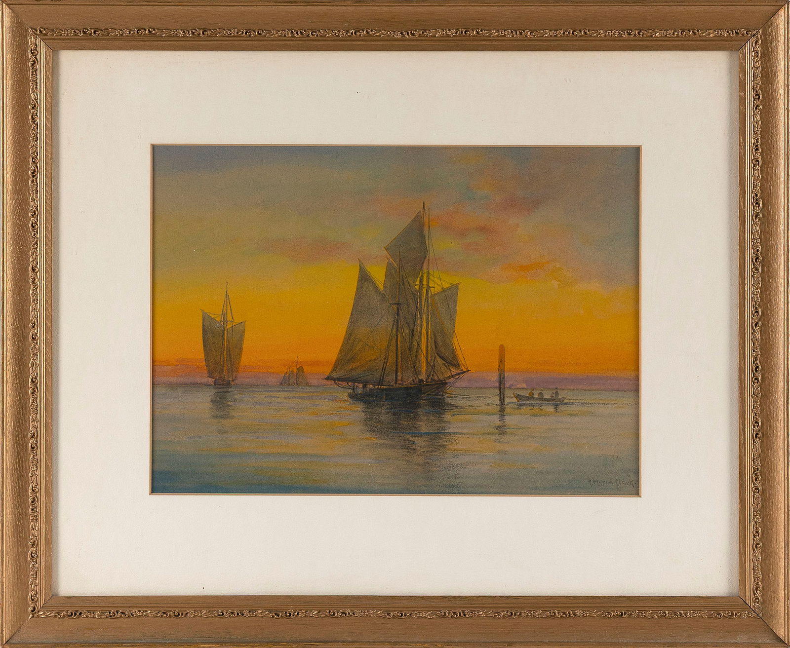 C. MYRON CLARK (Massachusetts, 1858-1925), Sunset sail., Watercolor, 10" x 13.75" sight. Framed: C. MYRON CLARKMassachusetts, 1858-1925Sunset sail. Signed lower right "C. Myron Clark".Watercolor, 10" x 13.75" sight. Framed 18.5" x 22".