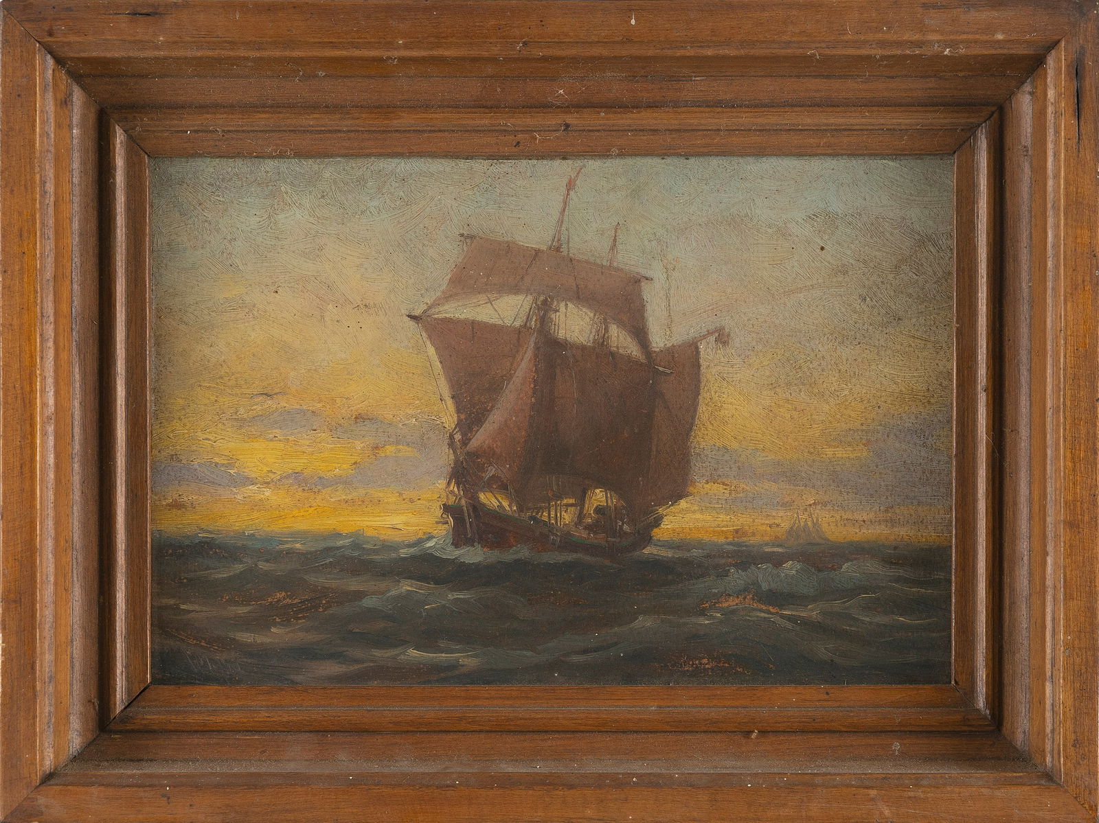 C. MYRON CLARK (Massachusetts, 1858-1925), Ship at sundown., Oil on board, 8" x 12". Framed 11.75" x: C. MYRON CLARKMassachusetts, 1858-1925Ship at sundown. Signed lower right.Oil on board, 8" x 12". Framed 11.75" x 15.75".