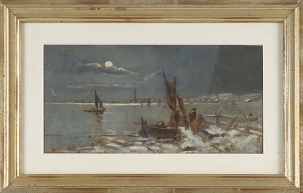 ATTRIBUTED TO CHARLES HENRY TURNER (Massachusetts, 1848-1908), Moonlit harbor scene., Oil on canvas,
