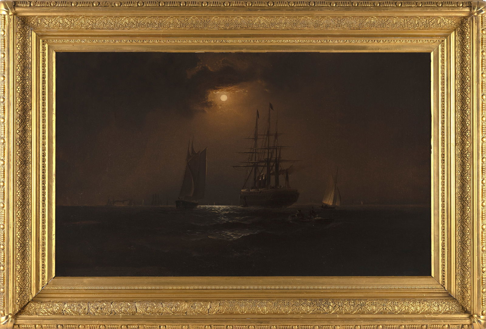 ALEXANDER STUART (Pennsylvania/Scotland, 1831-1898), Steam-sail ship entering a harbor under: ALEXANDER STUARTPennsylvania/Scotland, 1831-1898Steam-sail ship entering a harbor under moonlight. Signed lower left "Stuart".Oil on canvas, 22" x 36". Framed 31" x 45.5".