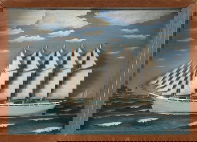 SHADOW BOX MODEL OF A FIVE-MASTED SCHOONER Early 20th Century Height 13.5". Width 18.5". Depth 3".