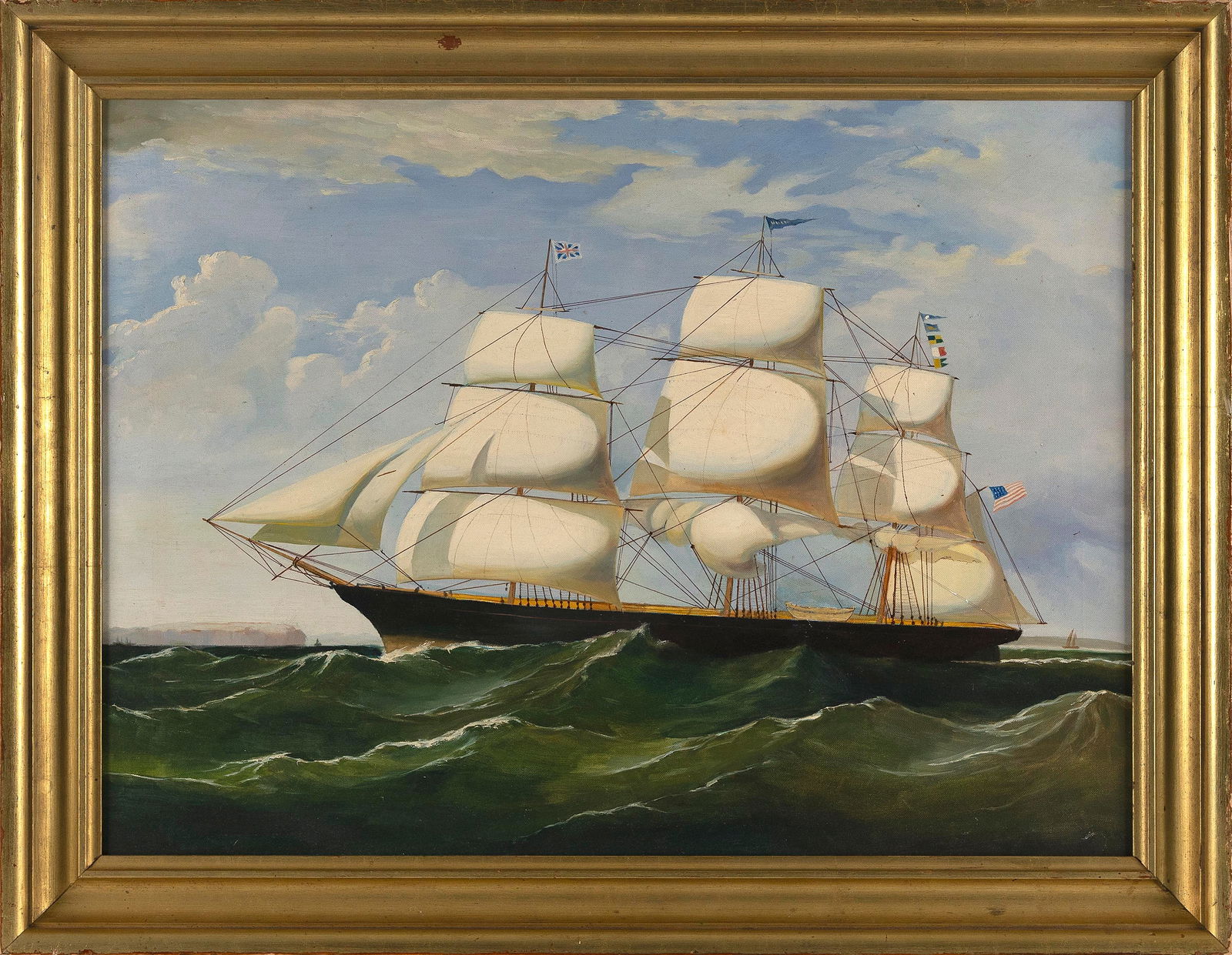 AMERICAN SCHOOL (Contemporary,), Clipper ship under full sail., Oil on canvas, 21" x 28". Framed 25": AMERICAN SCHOOLContemporaryClipper ship under full sail. Unsigned.Oil on canvas, 21" x 28". Framed 25" x 33".