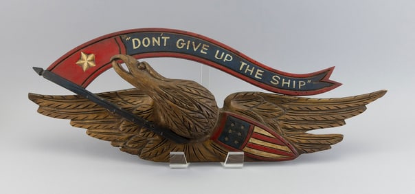 BELLAMY-STYLE CARVED AND PAINTED WOODEN EAGLE PLAQUE 20th Century Length 28".