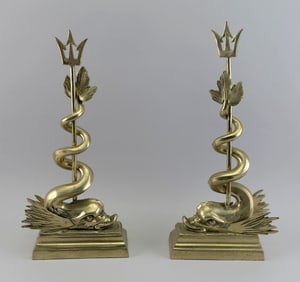 PAIR OF BRASS DOLPHIN AND TRIDENT DOOR PORTERS 20th Century Heights 22".