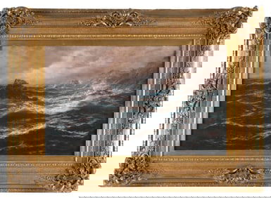 J.R. MILES (United Kingdom, 19th/20th Century), Waves crashing on rocky coast., Oil on canvas, 16" x