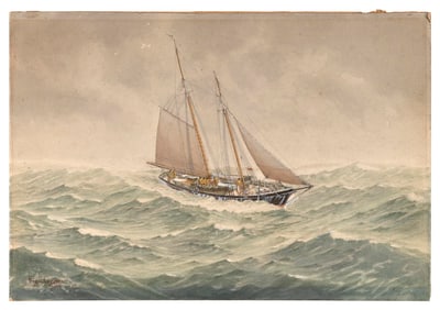 FREDERIC SCHILLER COZZENS (New York, 1846-1928), Fishing schooner at sea., Watercolor and gouache on