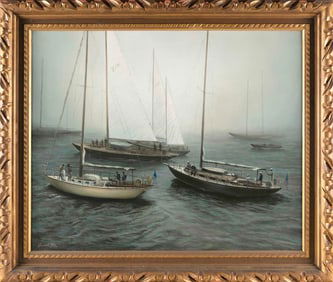 AMERICAN SCHOOL (Mid- to Late 20th Century,), Yachts congregating., Oil on canvas, 26" x 32". Framed