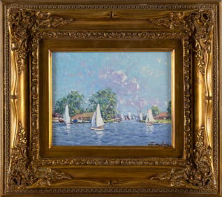 NIEK VAN DER PLAS (The Netherlands, 1954-), Sailing along the river., Oil on panel, 8" x 10". Framed