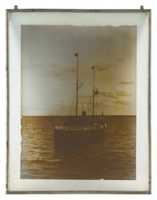 GLASS PLATE NEGATIVE OF A SHIP 12" x 9.25" sight. Framed 14.25" x 11.25".