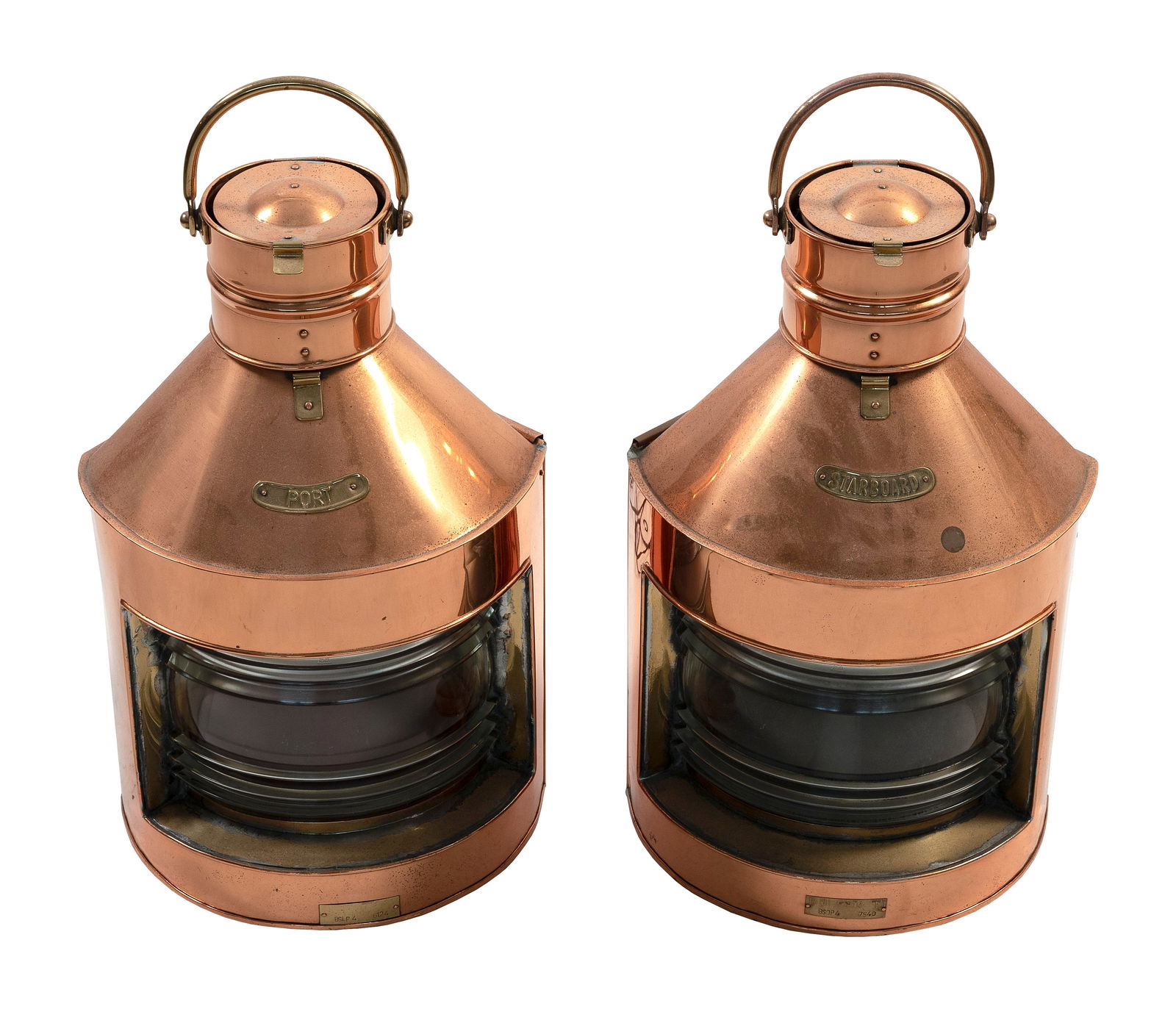 PAIR OF COPPER AND BRASS PORT AND STARBOARD LANTERNS 20th Century Heights 23".: PAIR OF COPPER AND BRASS PORT AND STARBOARD LANTERNS20th CenturyBoth electrified.Heights 23".