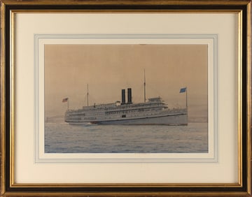 ROLAND L. STICKNEY (Maine, 1892-1975), The paddle steamer Priscilla in a gentle fog, Watercolor and