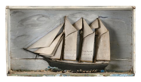 SHADOW BOX MODEL OF A THREE-MASTED SCHOONER Late 19th/Early 20th Century Height 12.5". Width 23".
