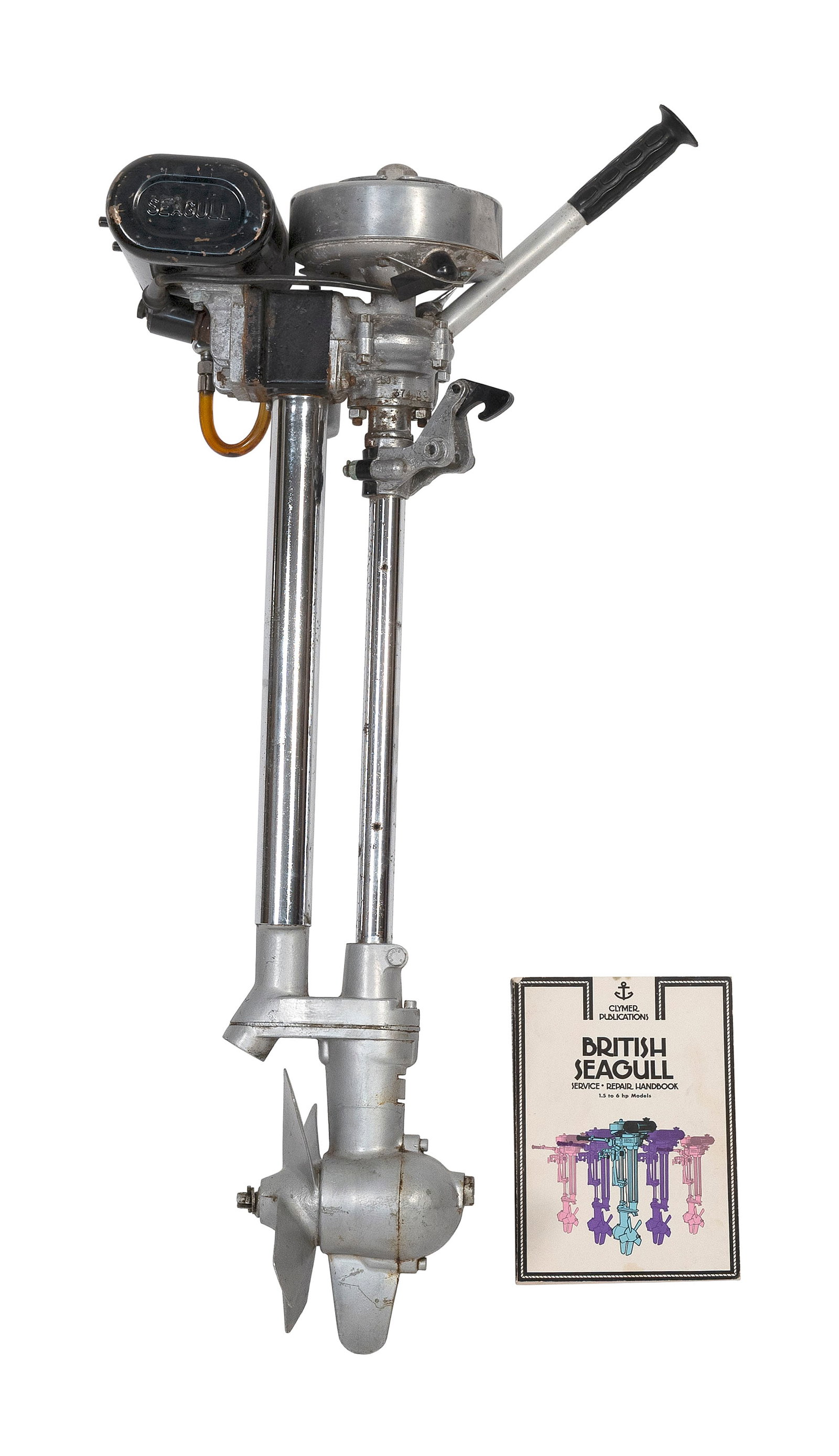 BRITISH SEAGULL OUTBOARD MOTOR 20th Century Length 38".: BRITISH SEAGULL OUTBOARD MOTOR20th CenturyFour-blade propeller. Includes service and repair handbook.Length 38".