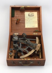 CASED BRITISH NAVY BRASS SEXTANT England, Circa 1940 Case height 5.75". Width 11". Depth 9.75".