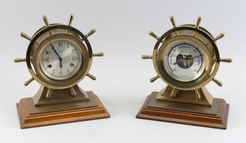 SALEM SHIP'S WHEEL BELL CLOCK AND BAROMETER 20th Century Heights 11".