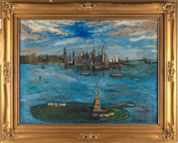 AMERICAN SCHOOL (20th Century,), Aerial view of the Statue of Liberty, Manhattan and the Hudson
