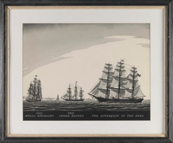 AMERICAN SCHOOL (20th Century,), View of three ships., Watercolor, 17" x 22" sight. Framed 25" x
