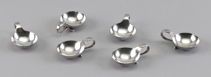 SET OF SIX GEORG JENSEN HAND-HAMMERED STERLING SILVER SALT DISHES Denmark, Mid-20th Century Approx.