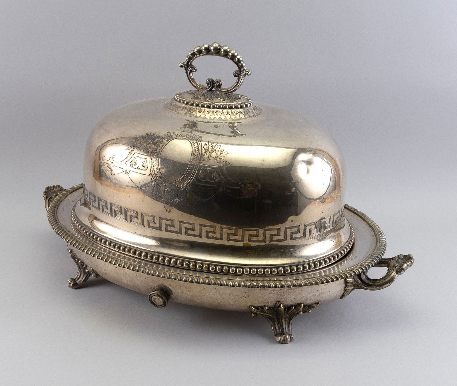 SILVER PLATED ROAST PLATTER WITH COVER London, 19th Century Height 15". Length 25.5". Width 17". (1 of 2)