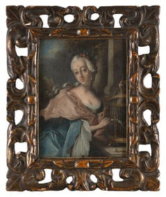 FRENCH SCHOOL (19th Century or Earlier,), Portrait of a woman beside a birdcage., Oil on canvas, 10"