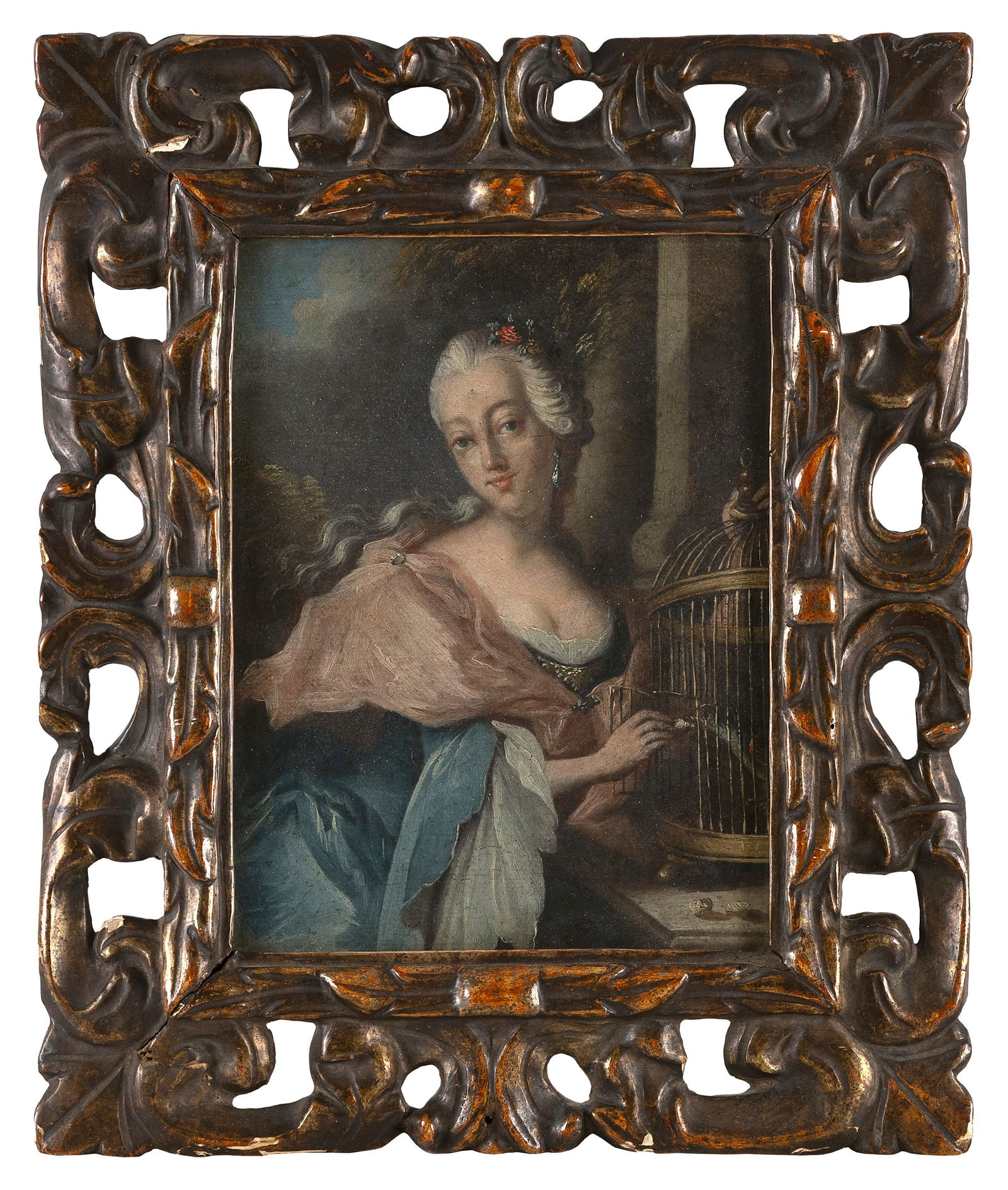 FRENCH SCHOOL (19th Century or Earlier,), Portrait of a woman beside a birdcage., Oil on canvas, 10" (1 of 2)