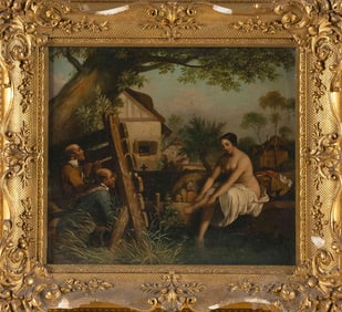 FRENCH SCHOOL (19th Century or Earlier,), Two men hiding behind a fence to observe a woman bathing.,