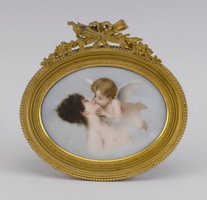 FRENCH PAINTING 19th Century Oil on porcelain, 4.75" x 3.75". Framed 6.5" x 6.25".