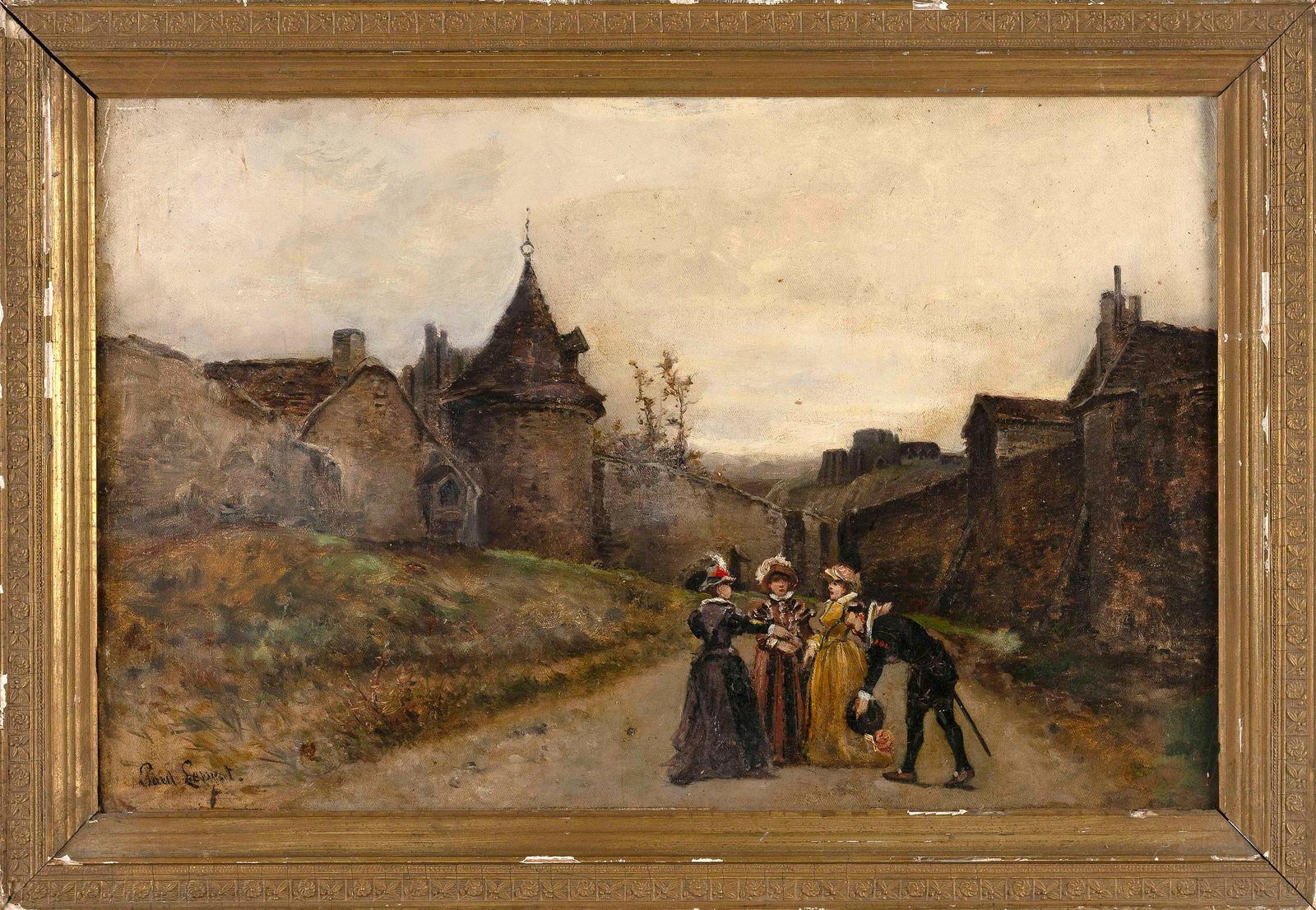 PAINTING OF A FRENCH VILLAGE SCENE Oil on canvas board, 14" x 22". Framed 18" x 26". (1 of 2)