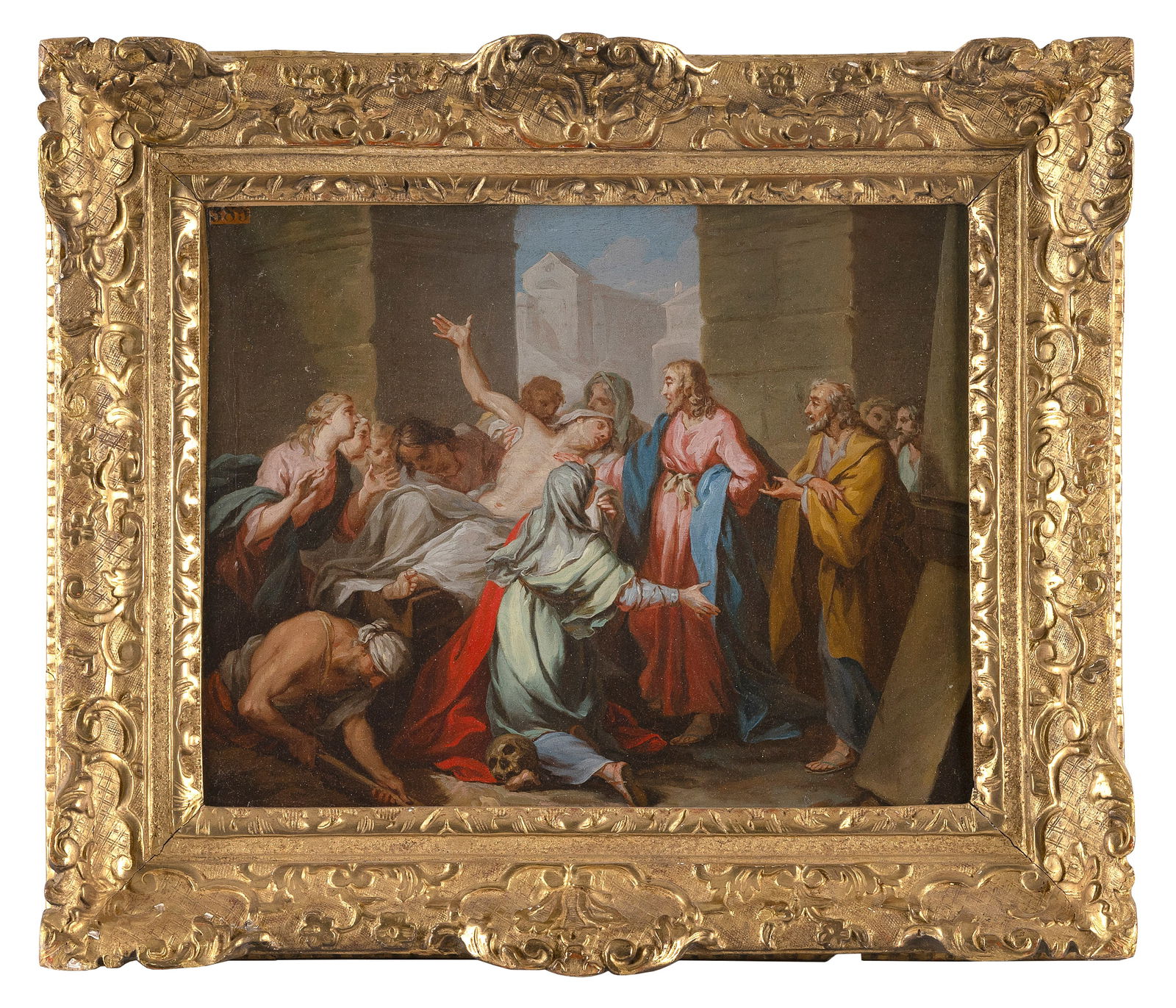 AFTER JEAN-BAPTISTE JOUVENET (19th Century or Earlier,), "R?surrection du Fils de la Veuve de Na?m": AFTER JEAN-BAPTISTE JOUVENET19th Century or Earlier"R?surrection du Fils de la Veuve de Na?m" (The Resurrection of the Widow's Son). Unsigned.Oil on canvas 12.5" x 15.75". Framed 18.5" x 21.75".
