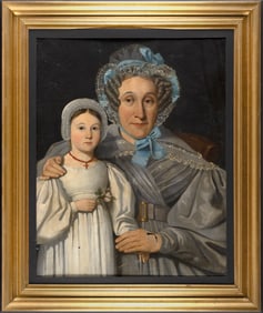 FRENCH SCHOOL (19th Century,), Portrait of a mother and child., Oil on canvas, 36" x 29". Framed 43"