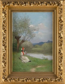 JULES FREDERIC BALLAVOINE (France, c. 1855-1901), Girl seated by the water's edge., Oil on canvas,