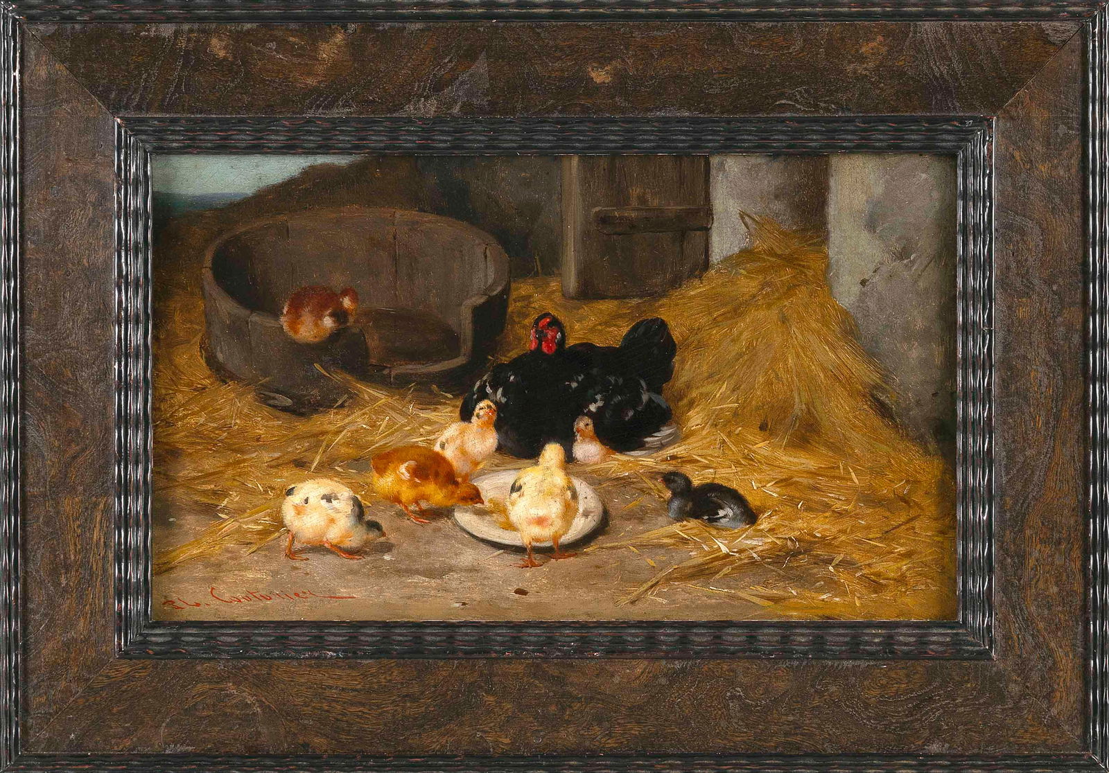 PHILBERT LEON COUTURIER (France, 1823-1901), Baby chicks and hen., Oil on panel, 6" x 10.5". Framed (1 of 2)