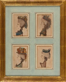 FRENCH SCHOOL (19th Century,), Four portraits of women wearing fashionable hats., Prints, each 4.75"