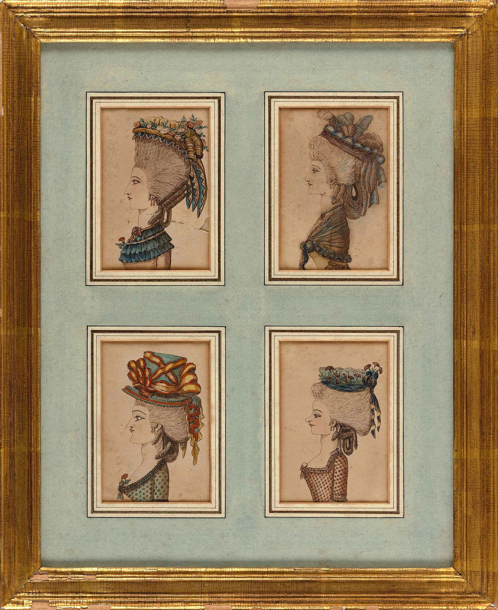 FRENCH SCHOOL (19th Century,), Four portraits of women wearing fashionable hats., Prints, each 4.75" (1 of 2)