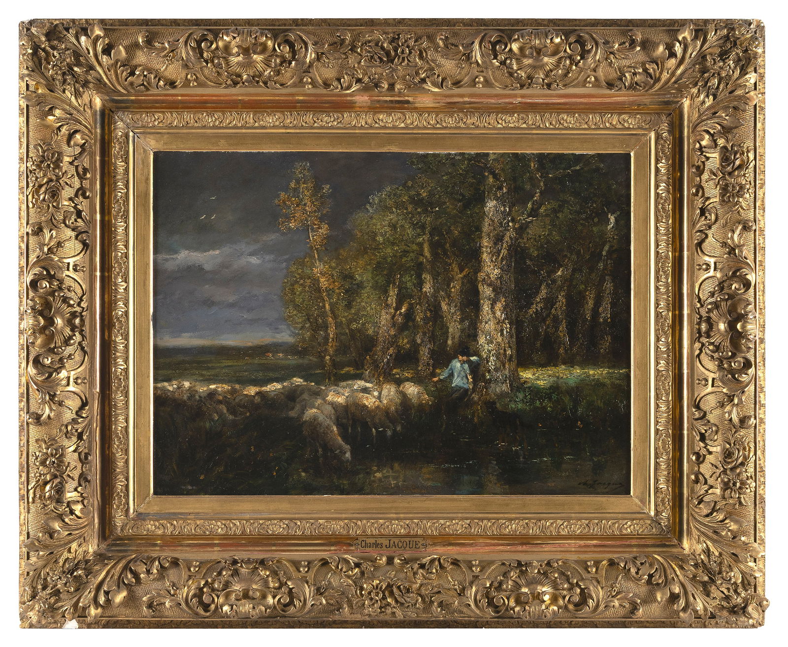 CHARLES EMILE JACQUE (France, 1813-1894), A shepherd and his flock., Oil on panel, 18.5" x 26".: CHARLES EMILE JACQUEFrance, 1813-1894A shepherd and his flock. Signed lower right "Ch. Jaque". Label verso for J.A. Cooling & Sons, London.Oil on panel, 18.5" x 26". Framed 32" x 39".